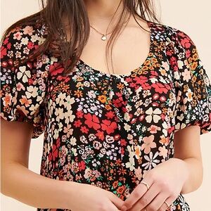 Floral Puff Sleeve Scoop Neck Top - Black Multi